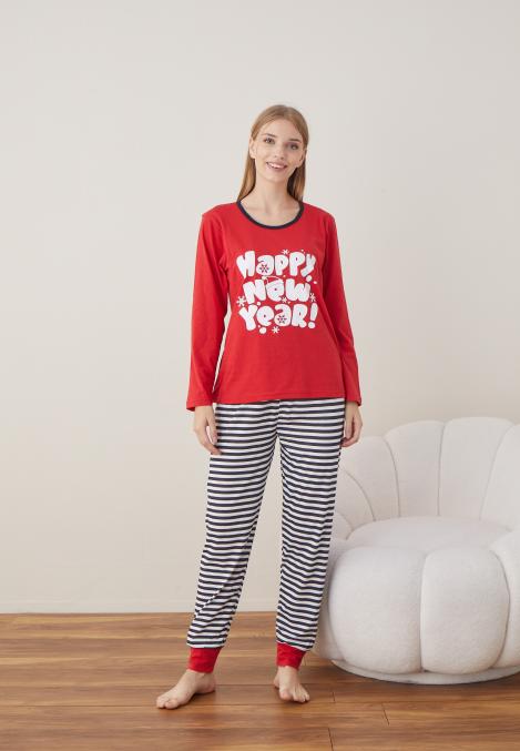 Pijama Dama Craciun "HAPPY NEW YEAR " ,maneca lunga ,pantaloni lungi,Engros